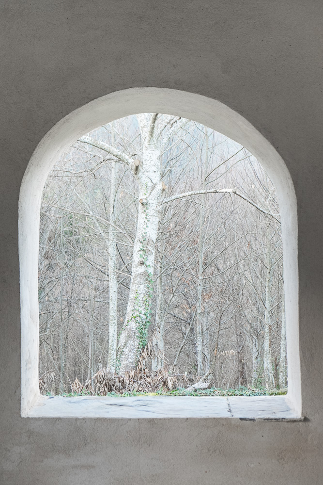 Paisajes interiores arco de atrio de iglesia con bosque al fondo